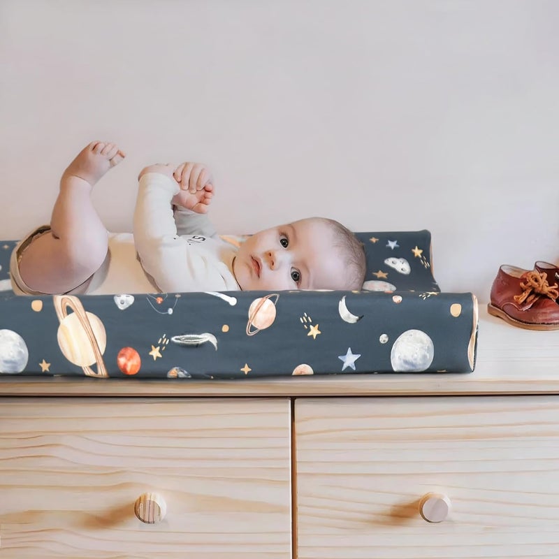 GRSSDER Stretch Ultra Soft Jersey Knit Changing Pad Cover Set 2 Pack, Change Table Pad Covers Fit 32"/34" x 16" Pads Safe and Snug, Space Print for Boys and Girls - Image 3